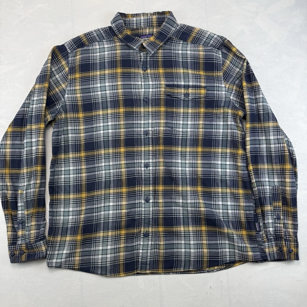 Patagonia Men's XL Organic Cotton Plaid Flannel Shirt Navy Gold